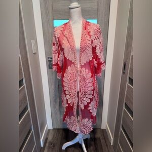 Ember Red Cream Lace Embroidered Kimono Sheer Open Front Boho Cover Up Size L